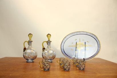 Liqueur service in blue glass with fleur-de-lis...