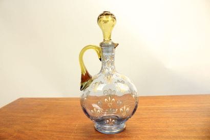 Liqueur service in blue glass with fleur-de-lis...