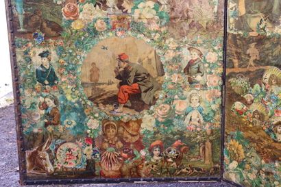 Paravent à quatre feuilles en toile et cuir,...