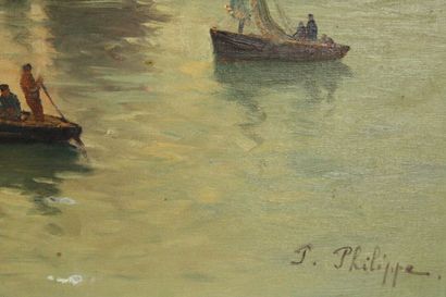 J. PHILIPPE (XXème siècle) 
Vue d'un port,...
