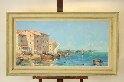 École du XXe. Le port en été. Huile sur toile....