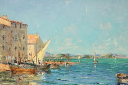 École du XXe. Le port en été. Huile sur toile....