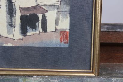 CHINE. Paysage urbain, encre sur papier.Tamponné...
