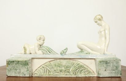 Blue and green earthenware sculpture, decorated...