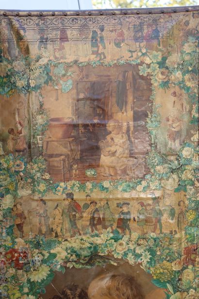 Paravent à quatre feuilles en toile et cuir,...