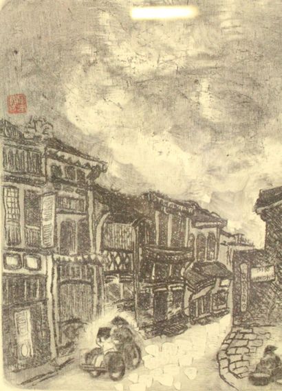 CHINE. Vue d'une ruelle, gravure. Signée...