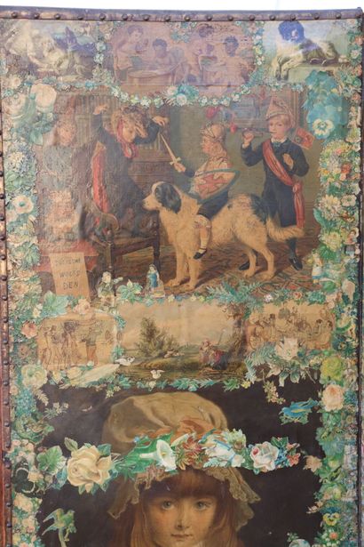 Paravent à quatre feuilles en toile et cuir,...