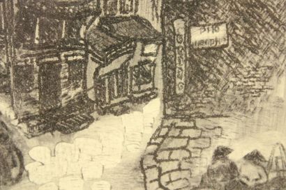 CHINE. Vue d'une ruelle, gravure. Signée...