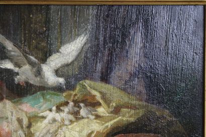 Colombe nourrissant ses petits, huile sur...
