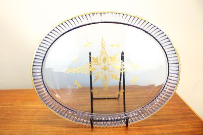 Liqueur service in blue glass with fleur-de-lis...