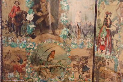 Paravent à quatre feuilles en toile et cuir,...