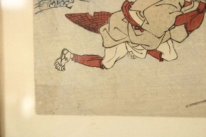JAPON. Combat d'hommes, estampe. Signée en...
