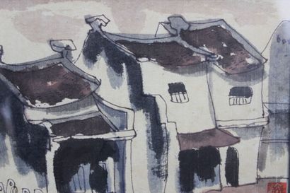 CHINE. Paysage urbain, encre sur papier.Tamponné...