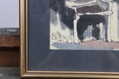 CHINE. Paysage urbain, encre sur papier.Tamponné...