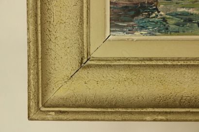 École du XXe. Le port en été. Huile sur toile....