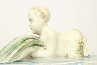 Blue and green earthenware sculpture, decorated...