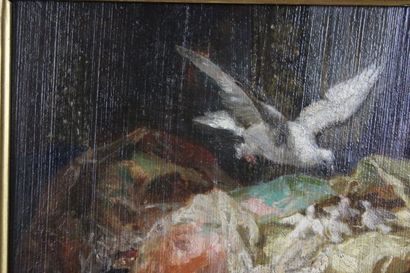 Colombe nourrissant ses petits, huile sur...