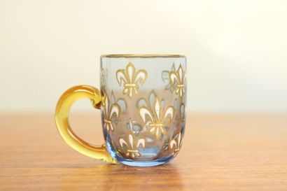 Liqueur service in blue glass with fleur-de-lis...