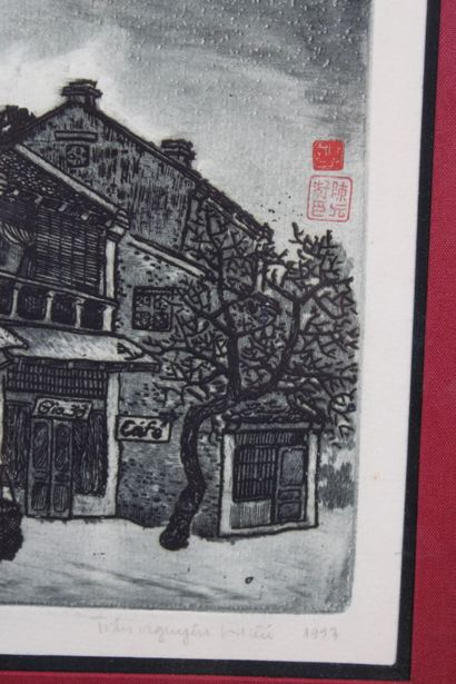 VIETNAM. Vue d'Hanoi, gravure. Titré, signé...