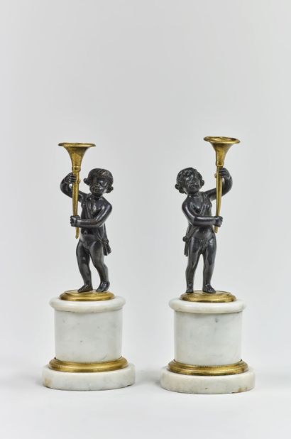 Pair of putti with a patinated and gilt bronze...
