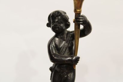 Pair of putti with a patinated and gilt bronze...