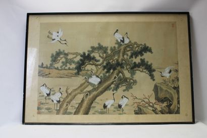 ASIE.
Paysage aux hérons, peinture sur soie....