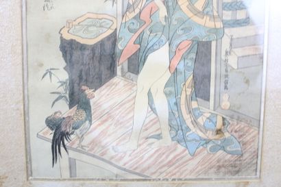 JAPON
Jeune femme sortant du bain et coq,...