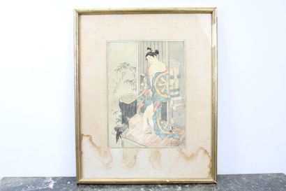 JAPON
Jeune femme sortant du bain et coq,...