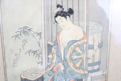JAPON
Jeune femme sortant du bain et coq,...