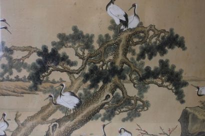 ASIE.
Paysage aux hérons, peinture sur soie....