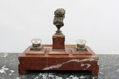 Large inkwell with two cups, red marble base,...