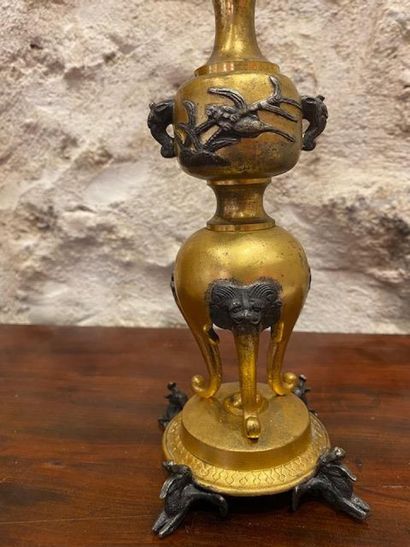 Pair of Japanese-style three-light gilt bronze...