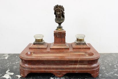 Large inkwell with two cups, red marble base,...