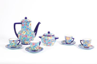 LONGWY.
Polychrome enamel coffee set with...