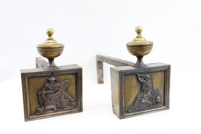 Pair of bronze andirons decorated with antique-style...
