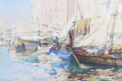 20th century school.
Barques au port, watercolor...