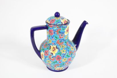 LONGWY.
Polychrome enamel coffee set with...
