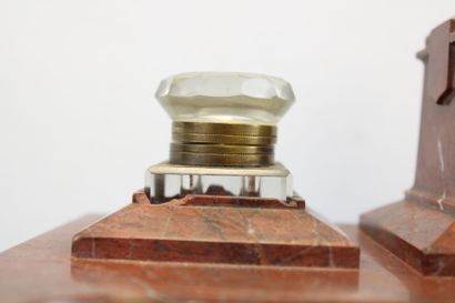 Large inkwell with two cups, red marble base,...