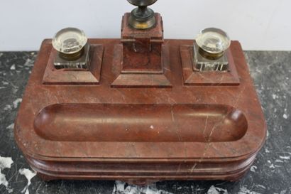 Large inkwell with two cups, red marble base,...