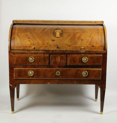 Carved wood inlaid cylinder desk opening...