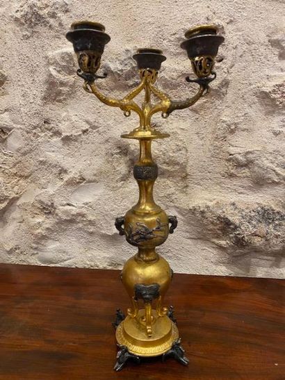Pair of Japanese-style three-light gilt bronze...