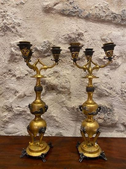 Pair of Japanese-style three-light gilt bronze...
