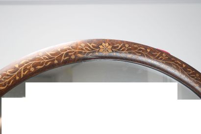 Large mahogany psyche mirror. Curved pediment,...