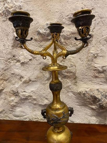 Pair of Japanese-style three-light gilt bronze...