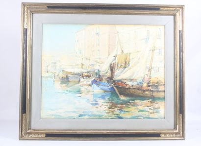 20th century school.
Barques au port, watercolor...