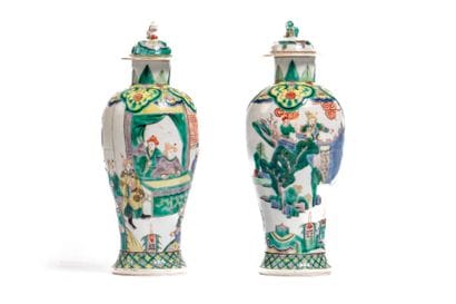 CHINA.
Pair of covered pots in green family...