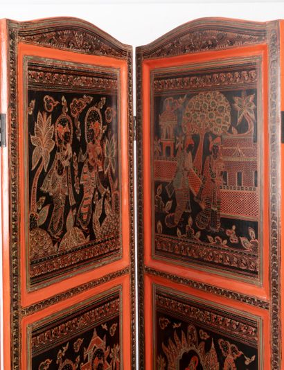 Asia.
Red lacquer screen opening with five...