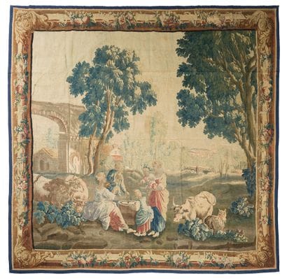 Panneau de tapisserie en laine et soie avec...
