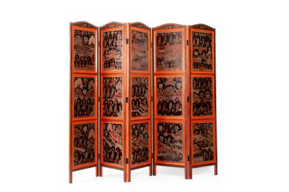 Asia.
Red lacquer screen opening with five...