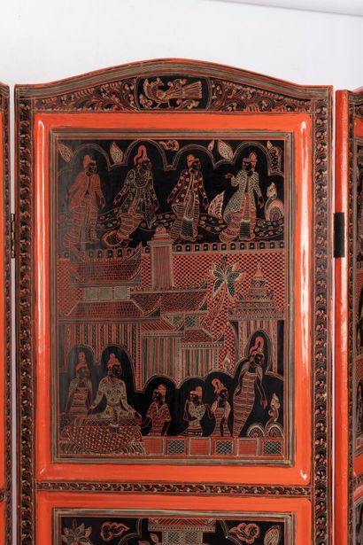 Asia.
Red lacquer screen opening with five...